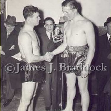 Braddock and Tommy Farr weigh-in, January 1938