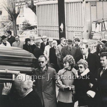 James J. Braddock's funeral at St. Josephs' in West New York. Up front is Kenny and Rosemarie DeWitt with Mrs. Braddock and son Jay behind. 1974.